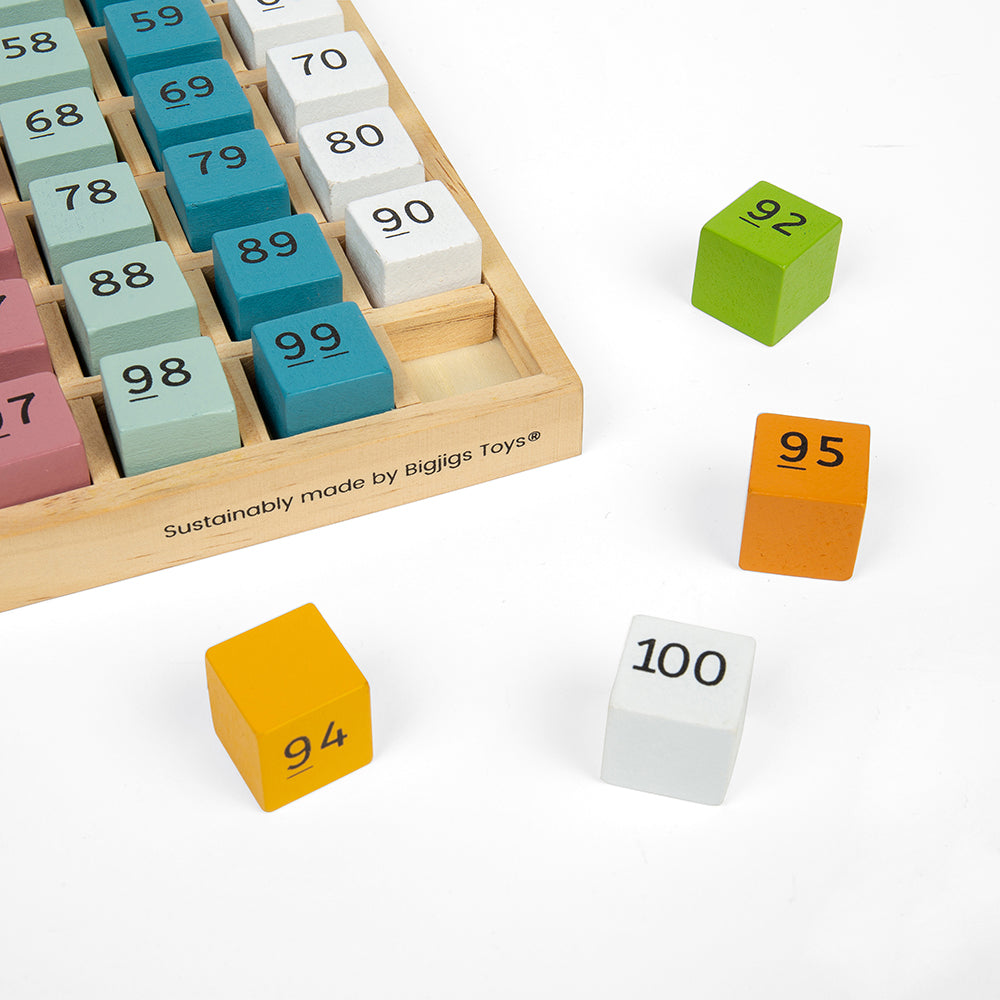 Angled view of FSC Number Tray showcasing pastel numbered wooden blocks and loose blocks on a white background