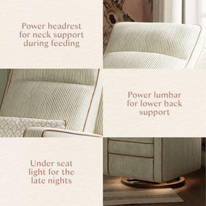 Feature infographic showing power headrest for feeding, power lumbar support, and an under seat light for late nights
