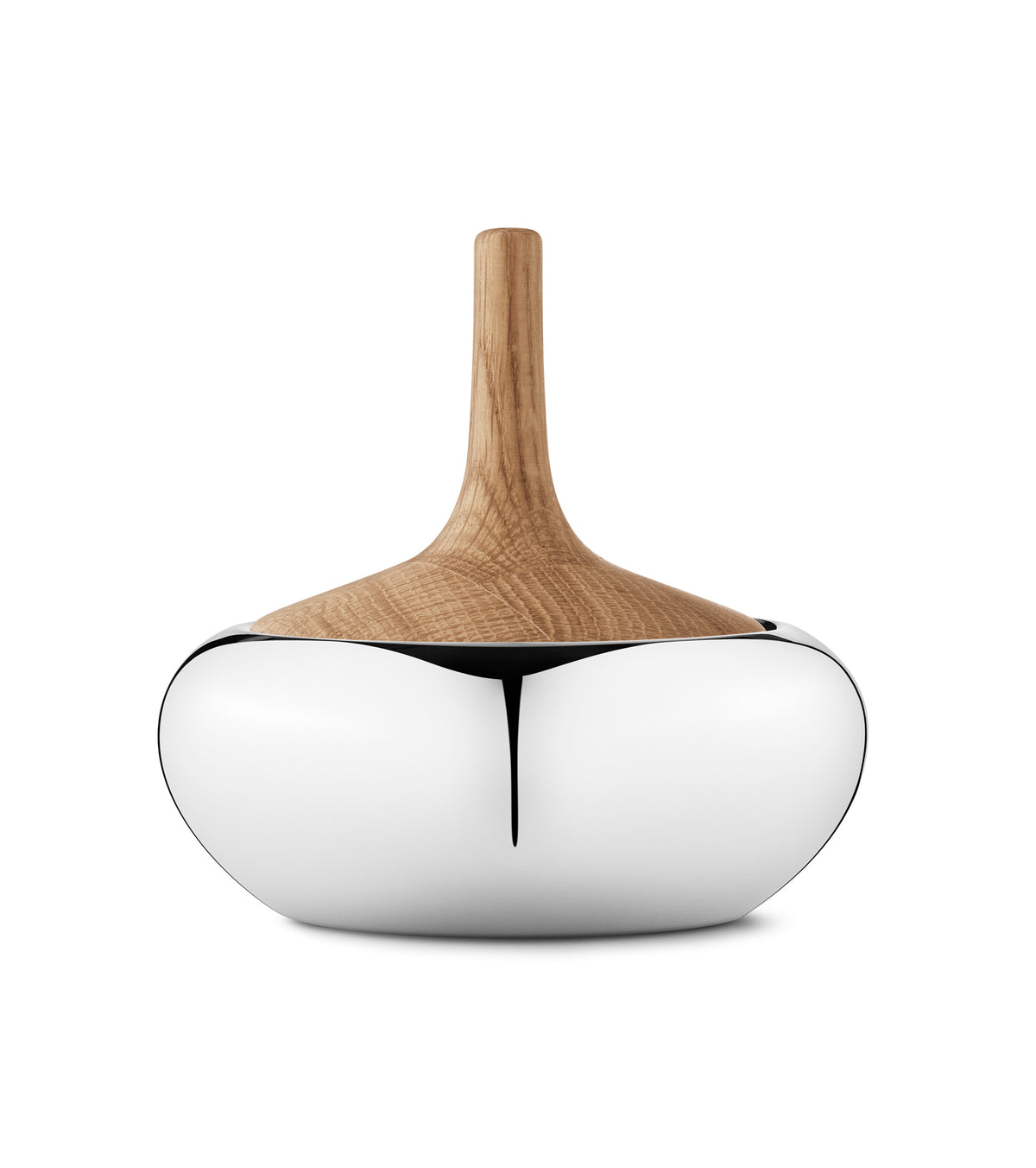 Front view of Henning Koppel Bonbonniere Onion showing mirror polished stainless steel base and oak lid on white background