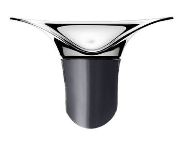 Front view of Wine & Bar carafe stopper showing stainless steel flared top and dark silicone tapered plug on white background