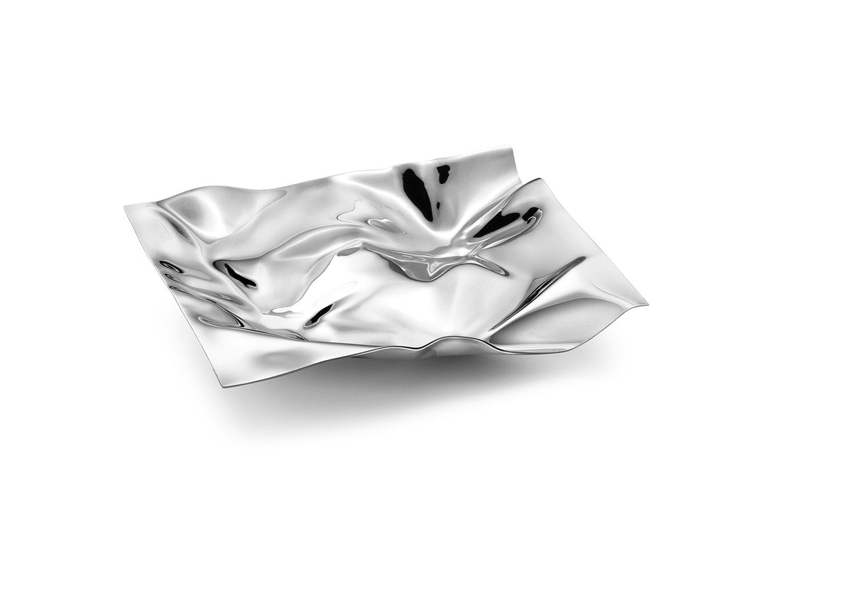 Angled view of Panton Tray small showcasing mirror-polished stainless steel and crumpled surface on white background