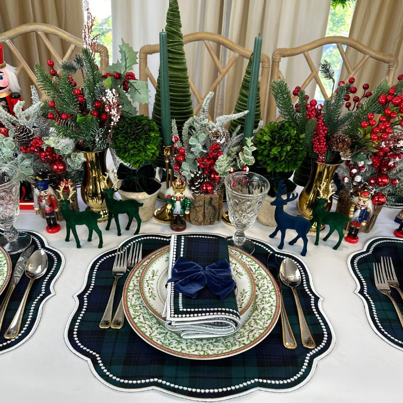 Black Watch Plaid placemat and napkin with white luxury embroidery.