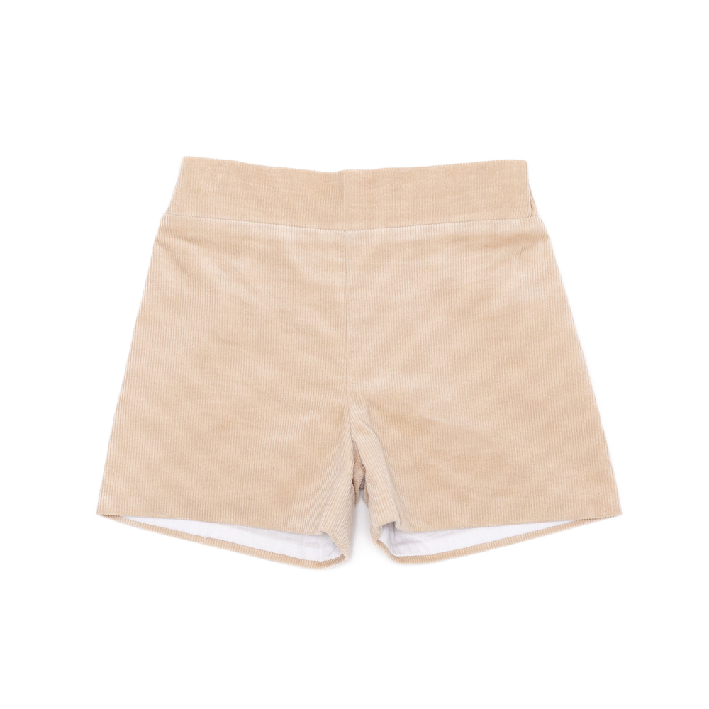 Henry Duvall Robert Shorts in King’s Way Khaki Corduroy, classic fall toddler boys dress shorts with flat front and elastic back, perfect for pairing with gingham shirts and sibling sets