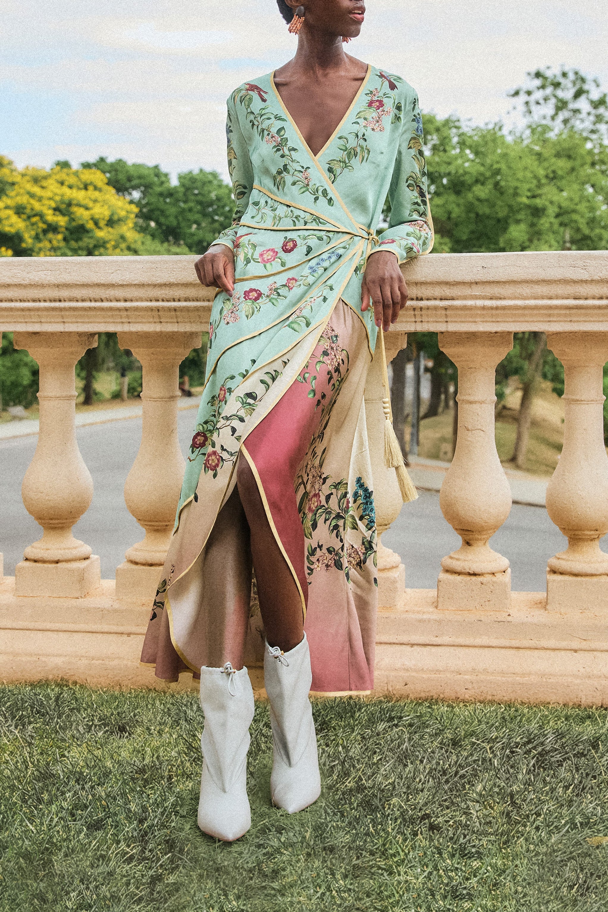 Birds Tree Green Mix Maxi Long Sleeve Dress