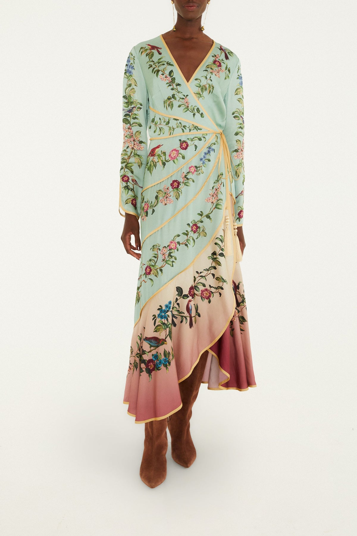 Birds Tree Green Mix Maxi Long Sleeve Dress