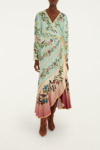 Birds Tree Green Mix Maxi Long Sleeve Dress