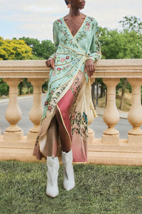Birds Tree Green Mix Maxi Long Sleeve Dress