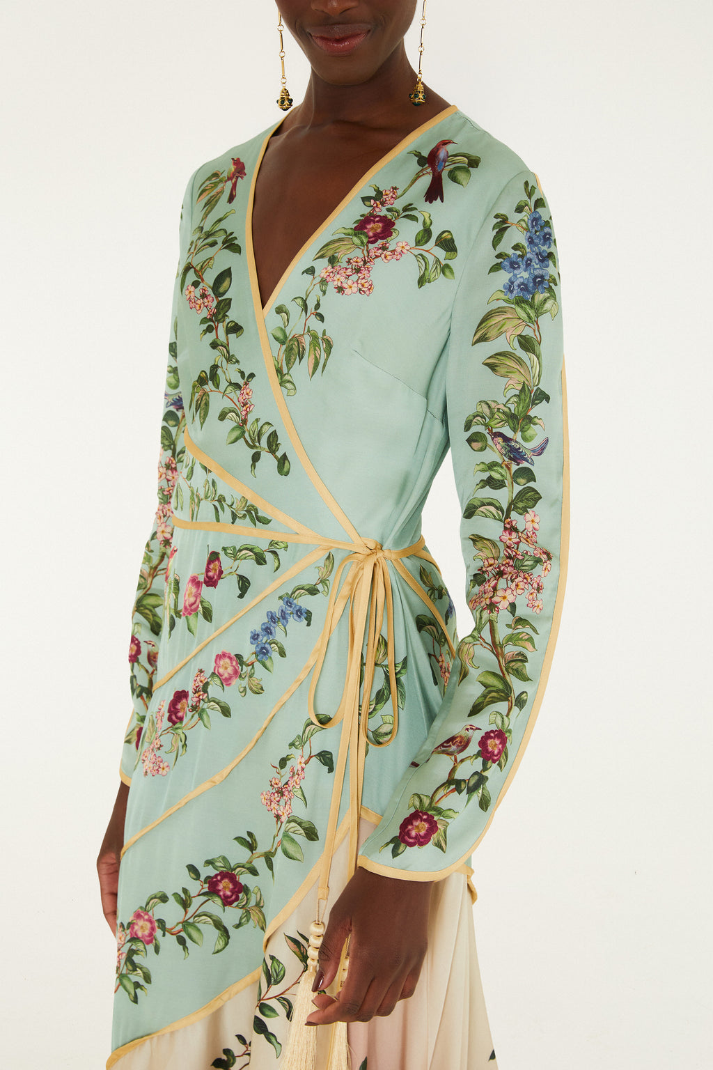 Birds Tree Green Mix Maxi Long Sleeve Dress