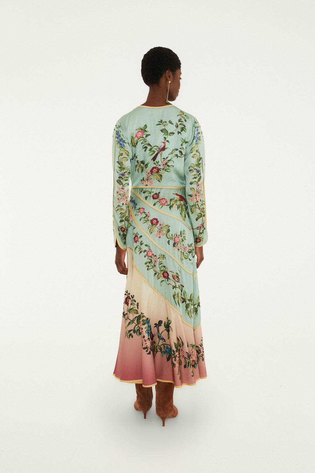 Birds Tree Green Mix Maxi Long Sleeve Dress