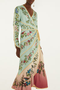 Birds Tree Green Mix Maxi Long Sleeve Dress
