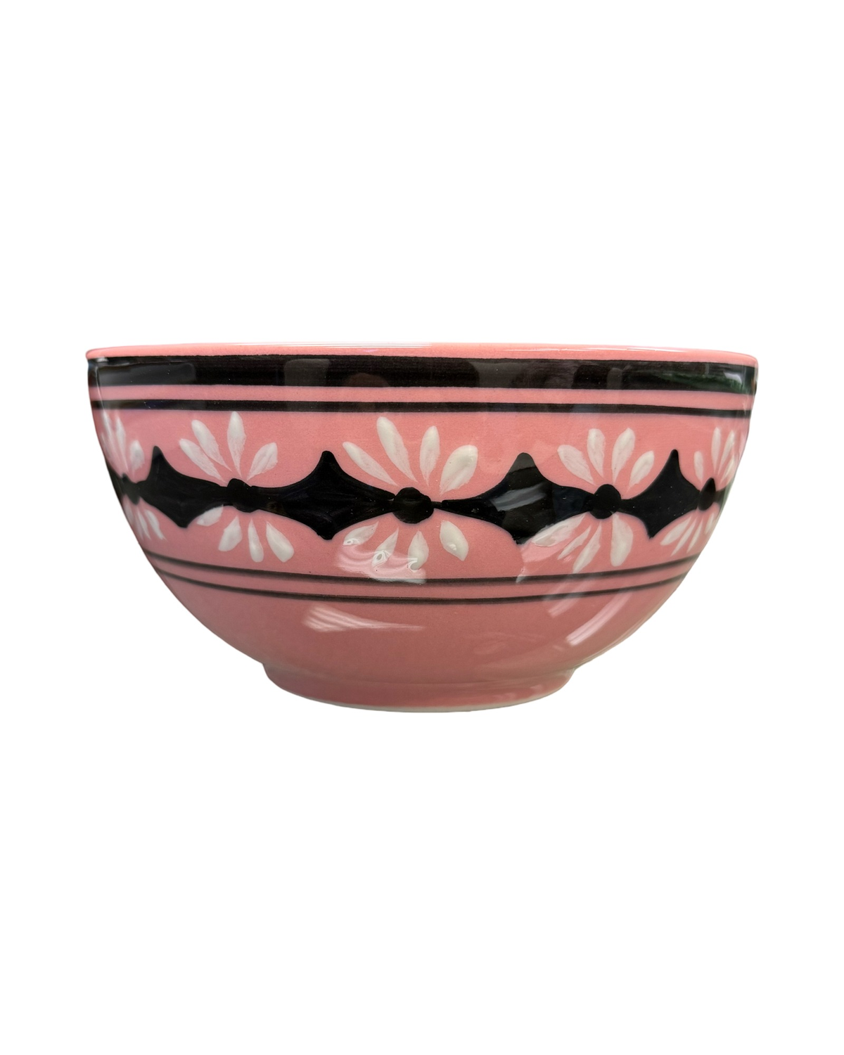 Front view of Gigi Pink Cereal Bowl showcasing pink ceramic with hand-painted geometric wave border on white background