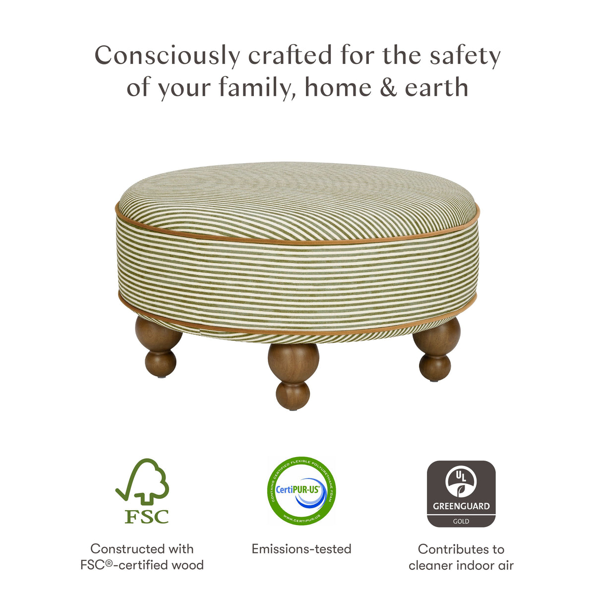 Astre Ottoman by Nate Berkus in Performance Olive Stripe Eco-Crossweave with Toffee Feet