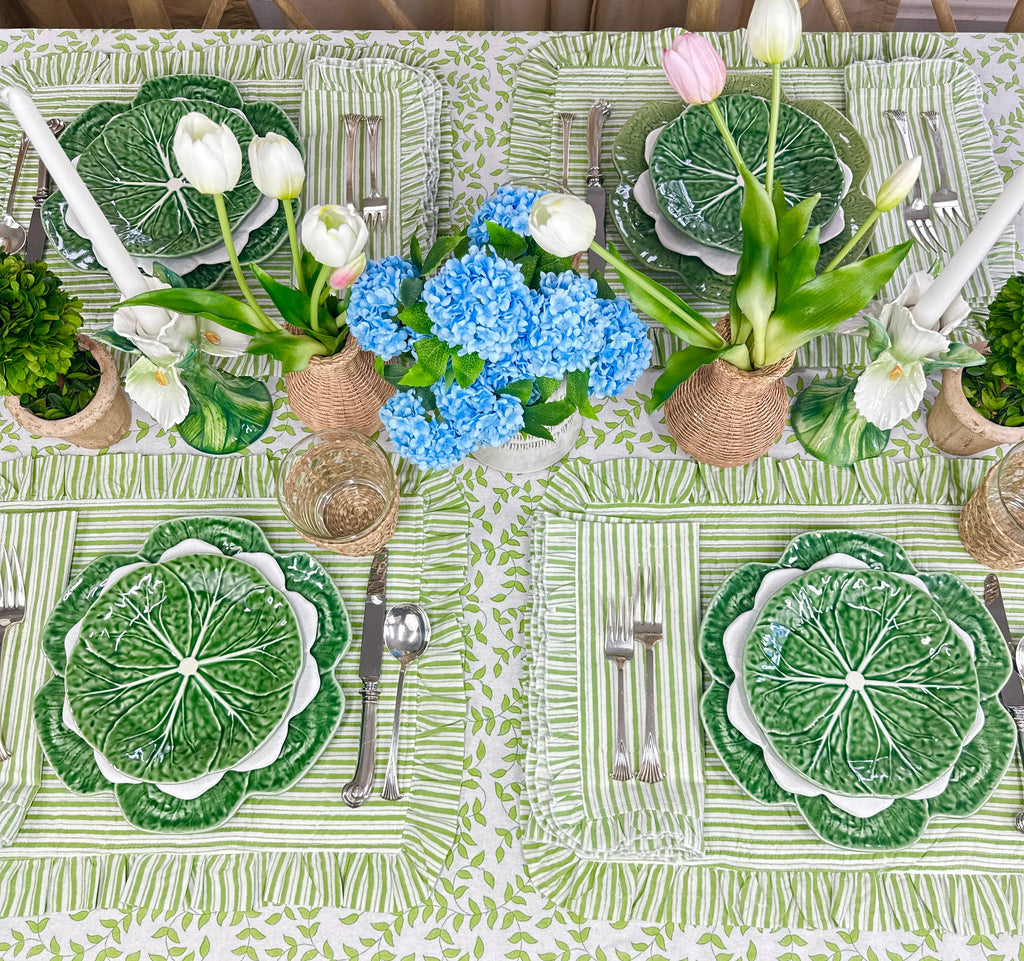 Quilted Ruffle Placemats in Green Stripe, Set of 4