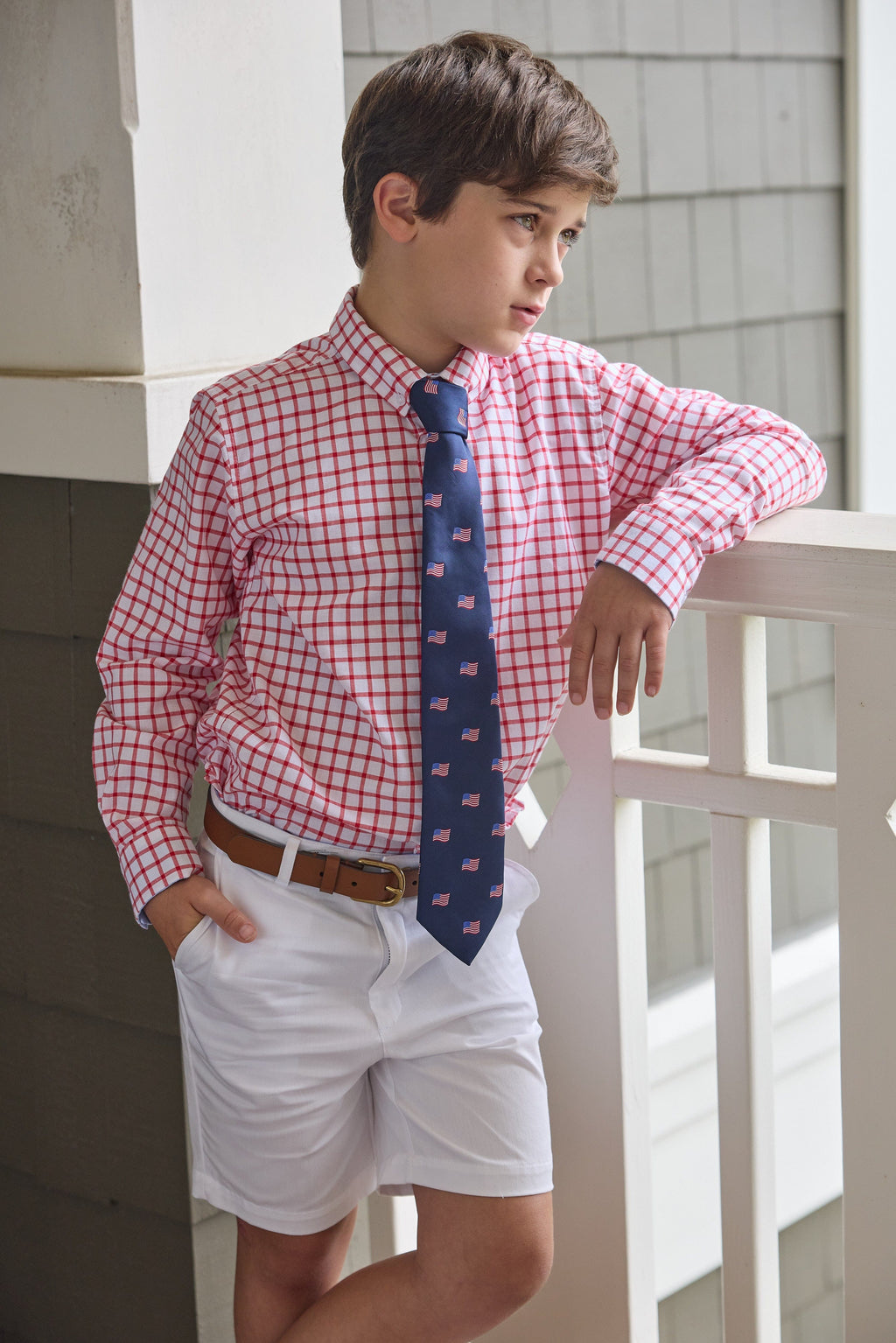 Little English traditional children's clothing.  Red Windowpane button down shirt for boys.