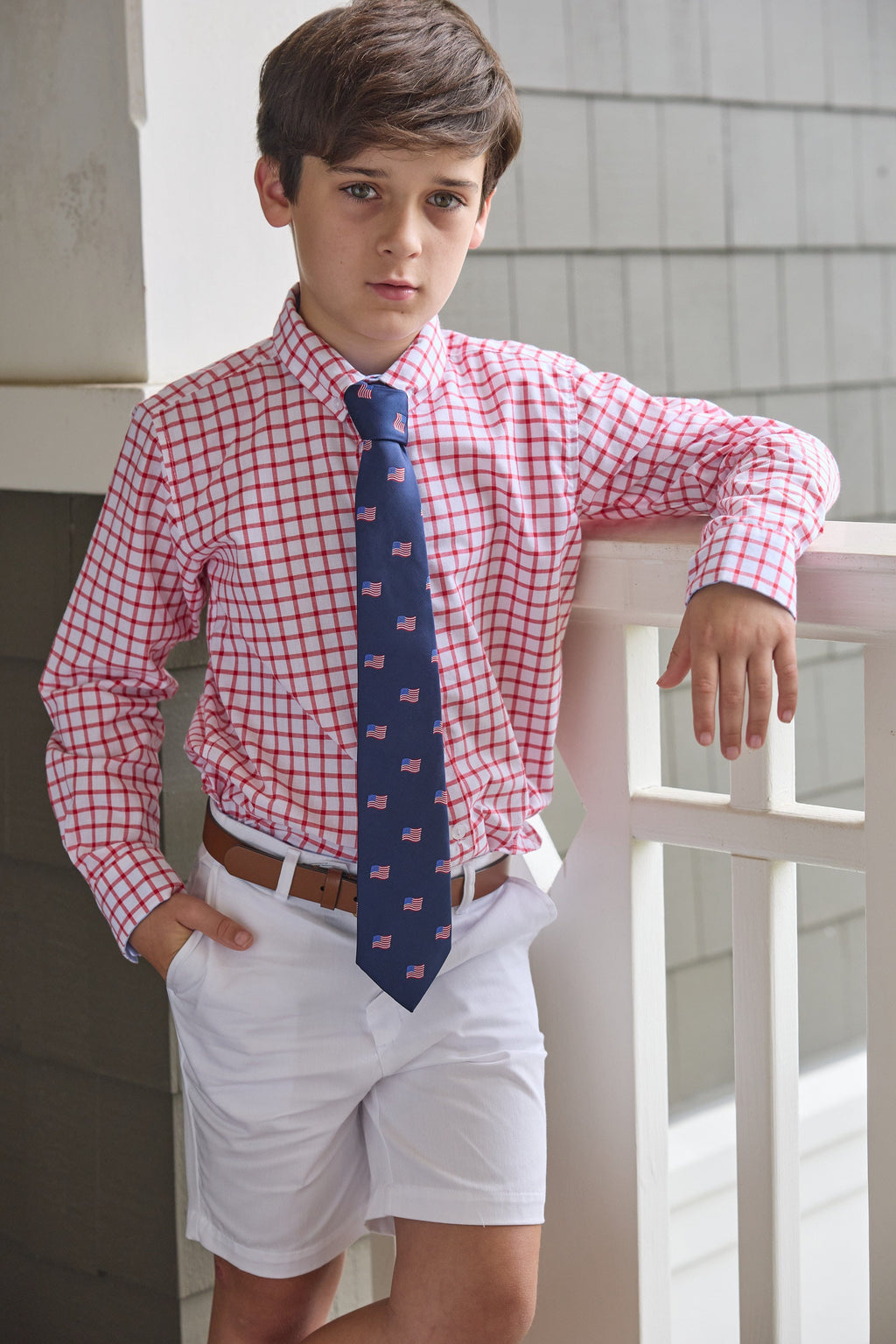 Little English traditional children's clothing.  Red Windowpane button down shirt for boys.