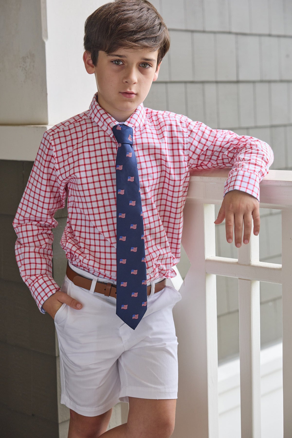 Little English traditional children's clothing.  Red Windowpane button down shirt for boys.
