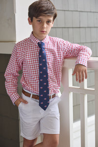 Little English traditional children's clothing.  Red Windowpane button down shirt for boys.