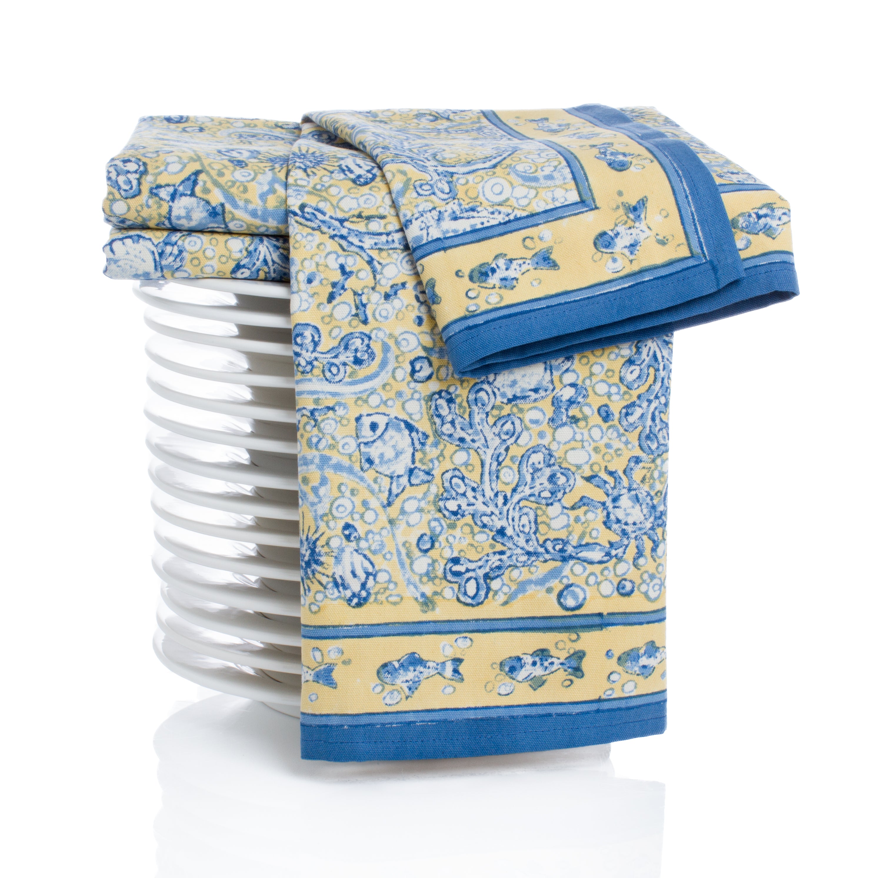 La Mer Tea Towels in Blue & Yellow, Set of 3
