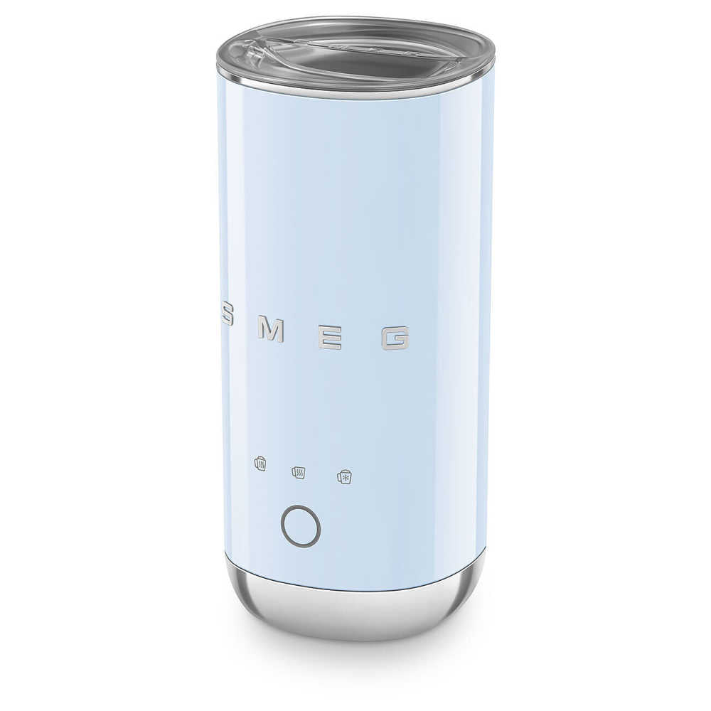 Front view of SMEG Mini Milk Frother in pastel blue showing chrome base, clear lid, and touch control icons on white background