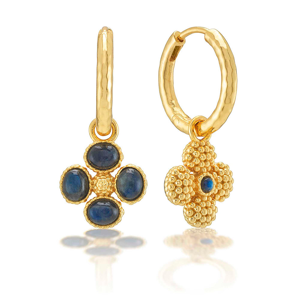 Berry Clover Hoop Earrings with Double Sided Charm in Blue Labradorite