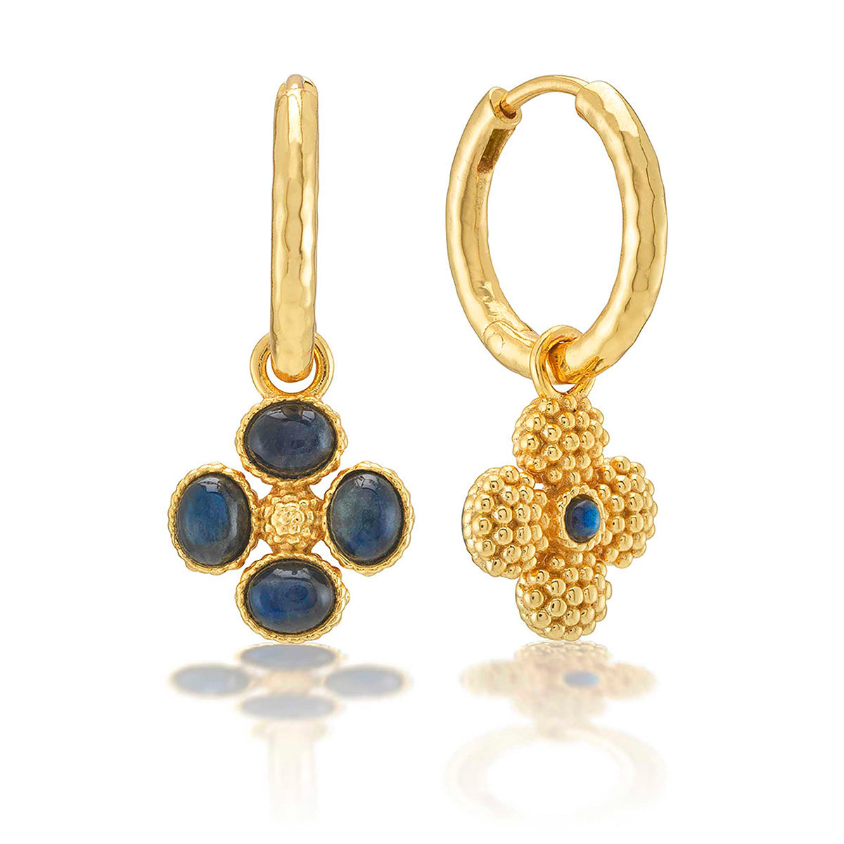 Berry Clover Hoop Earrings with Double Sided Charm in Blue Labradorite