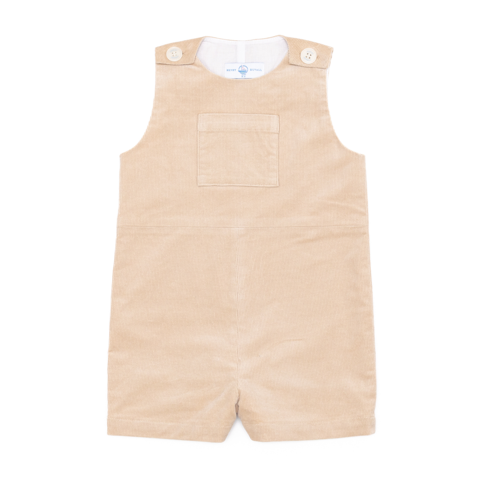 Front view of Oliver Overalls in King’s Way Khaki corduroy with chest pocket and button shoulder straps on white