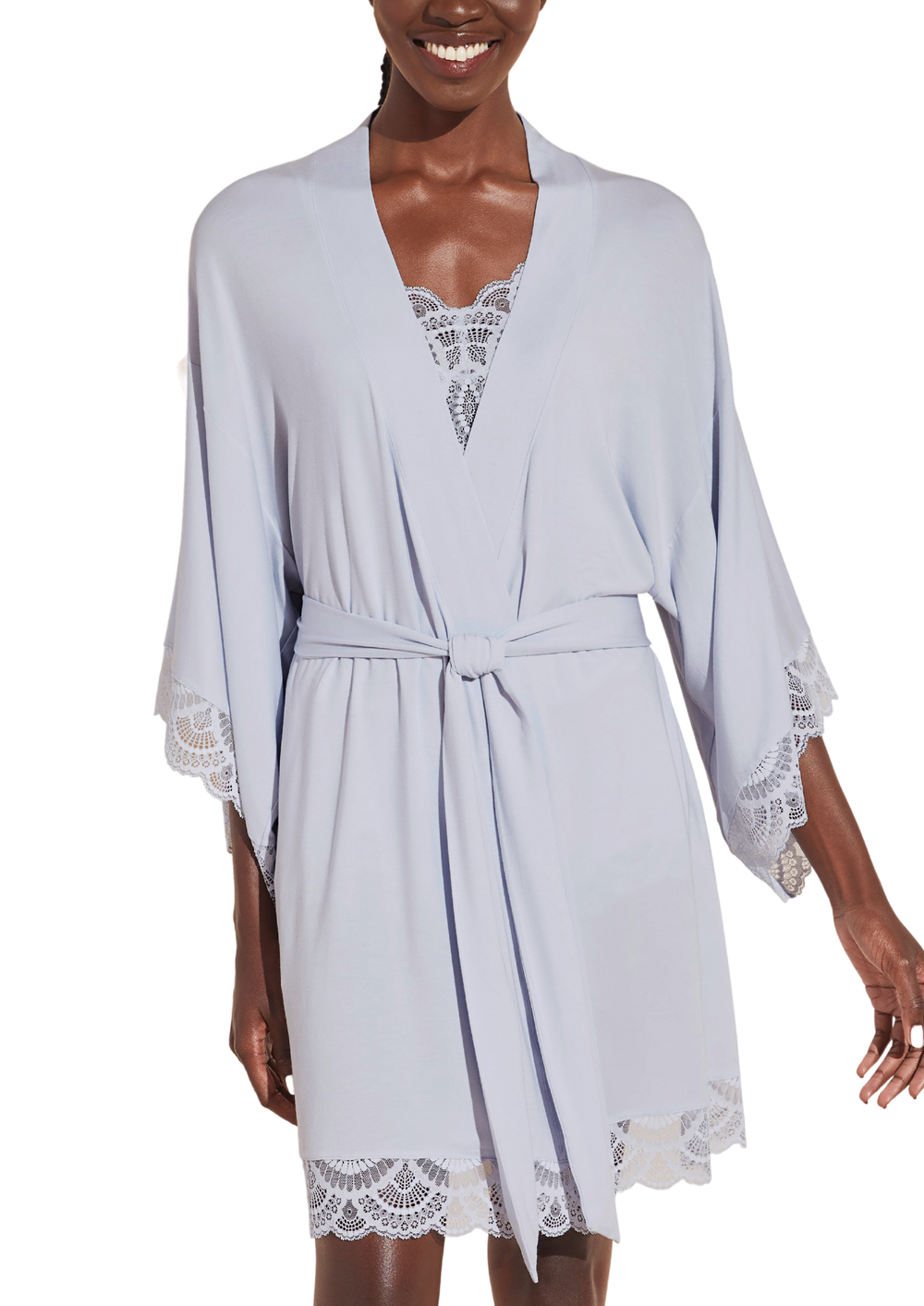 Front view of Mariana Short Robe in ice blue on model, showing lace-trimmed sleeves and hem and tied belt