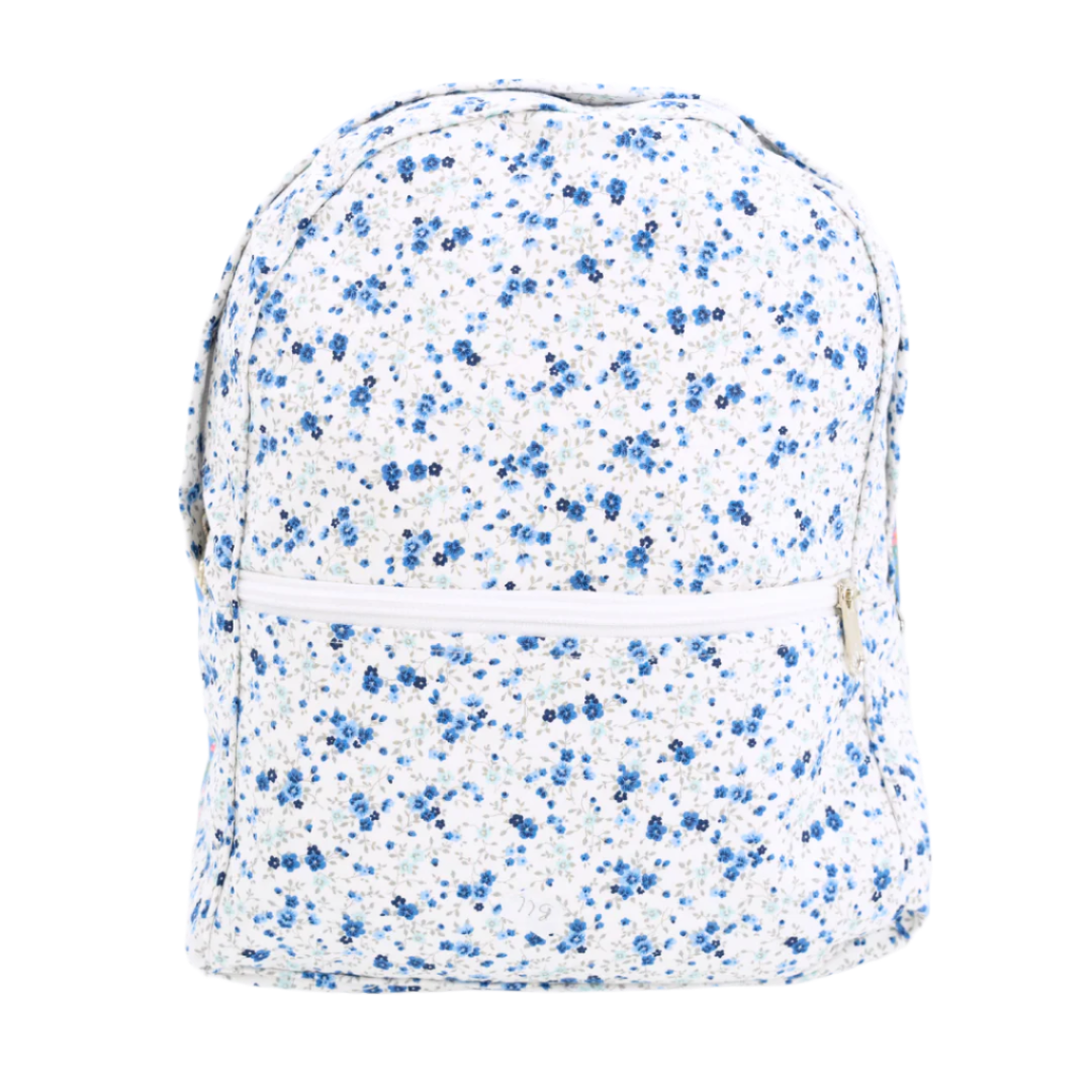 Front view of Emmie Backpack showcasing blue floral print and front zip pocket against a white background
