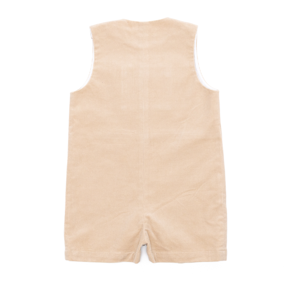Henry Duvall Oliver Overalls in King’s Way Khaki Corduroy, classic toddler boys fall outfit with relaxed fit, perfect for layering with Peter Pan shirts or coordinating sibling looks