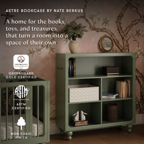 Front view of Astre bookcase by Nate Berkus in Archival Elm with open shelves for books, toys, and treasures