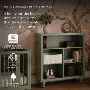 Front view of Astre bookcase by Nate Berkus in Archival Elm with open shelves for books, toys, and treasures