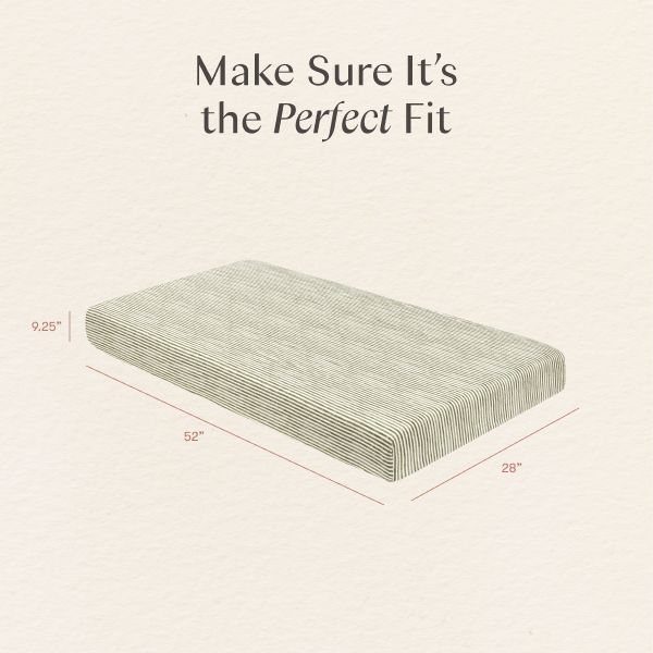 Top view of Juniper Stripe crib sheet showing 52 by 28 by 0.25 inch dimensions and perfect fit guide