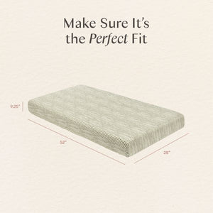 Top view of Juniper Stripe crib sheet showing 52 by 28 by 0.25 inch dimensions and perfect fit guide