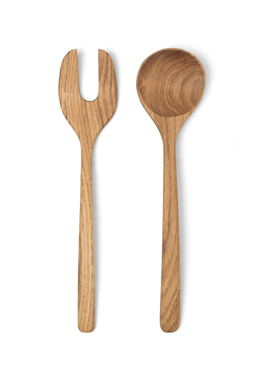Front view of Salad Server Set showcasing oak wood with a transparent background