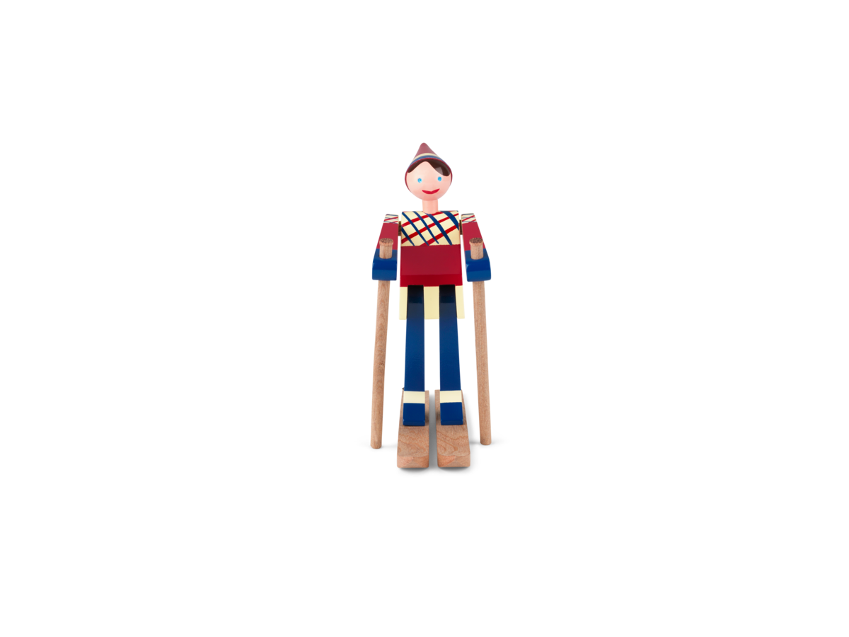 Front view of The Skier Datti in Girl Multi showcasing its colorful painted wooden design with a black background