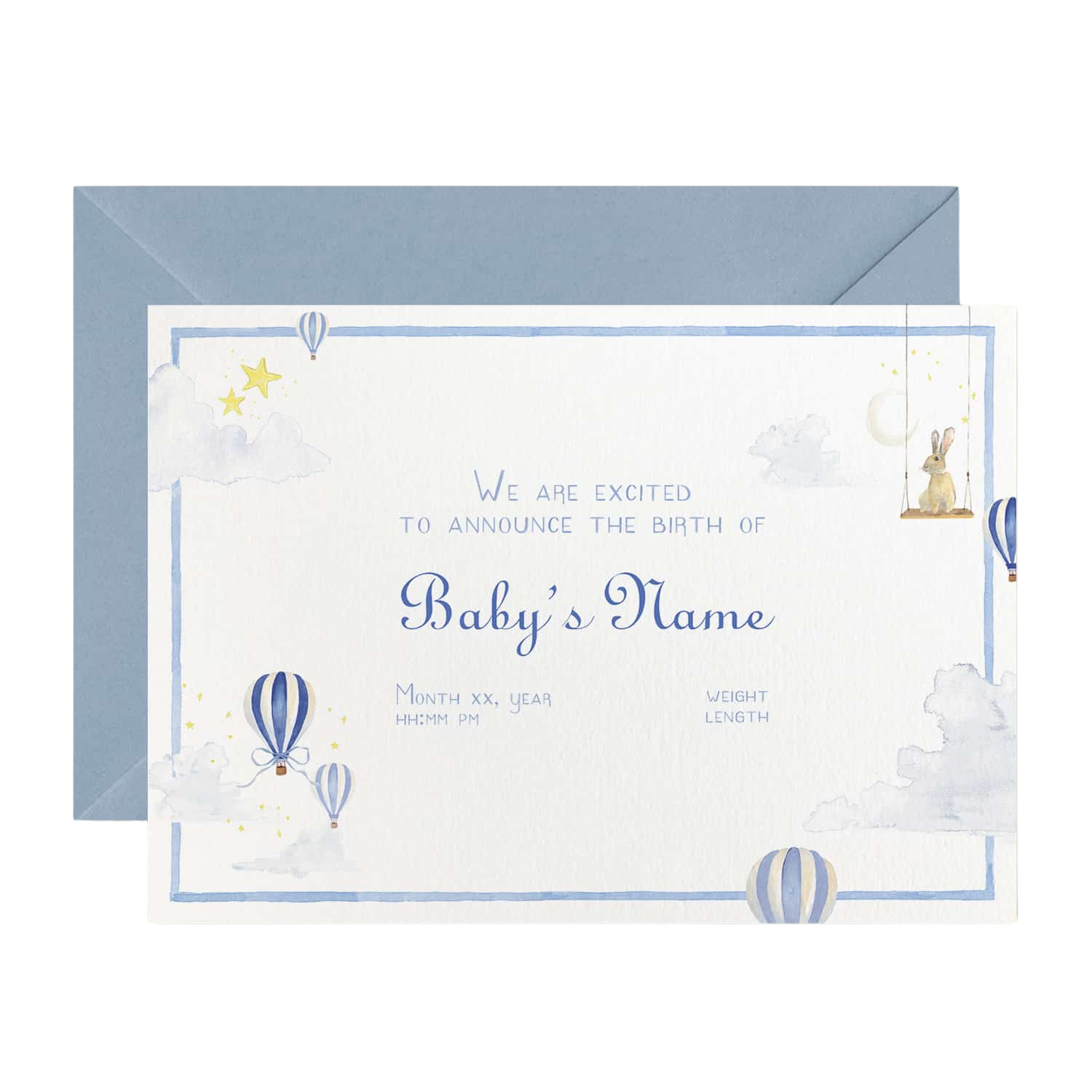 Hot Air Balloons Birth Announcement without Photo, Set of 50