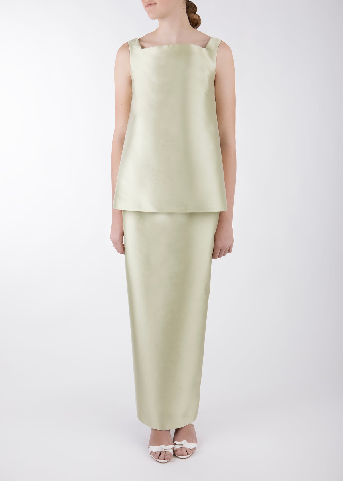 Front view of Chloe Tank in sage showcasing long trapeze silhouette and high square neckline in silk-wool blend