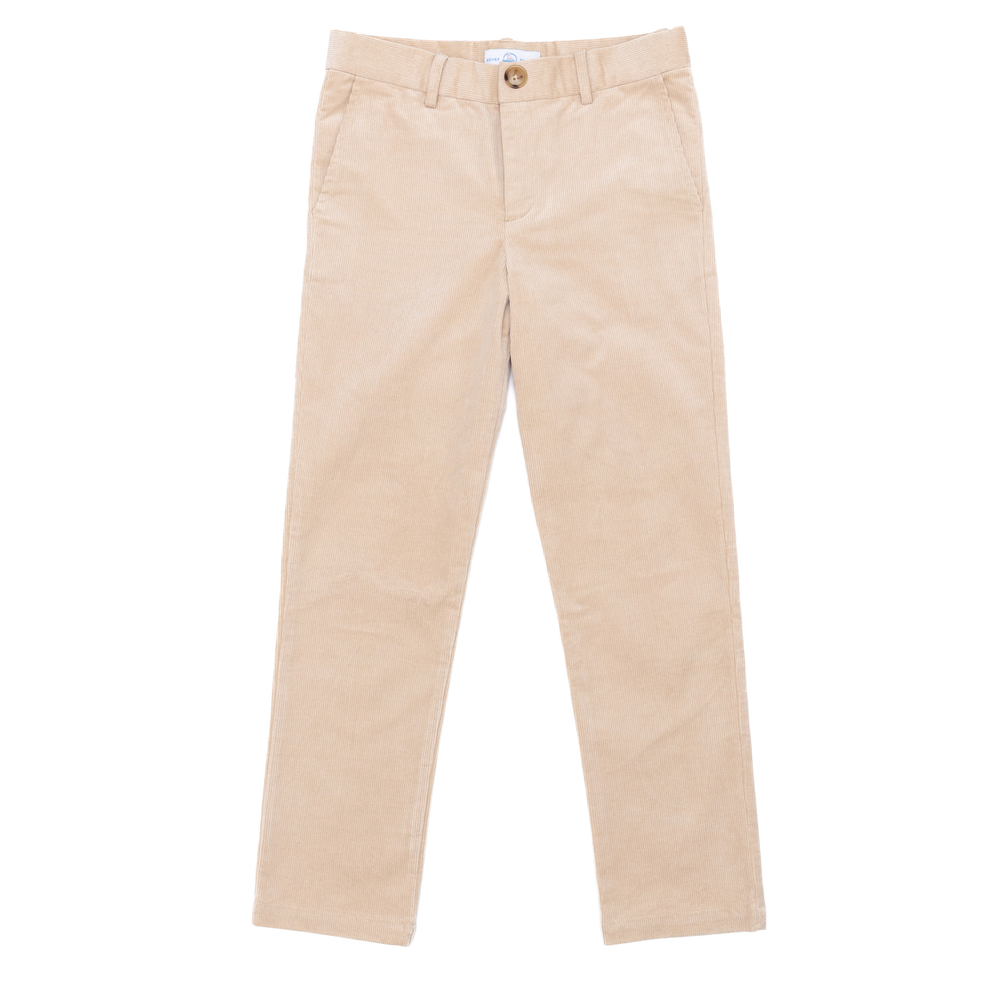 Front view of Bradford trousers in King’s Way khaki corduroy, straight-leg with front pockets and belt loops on white
