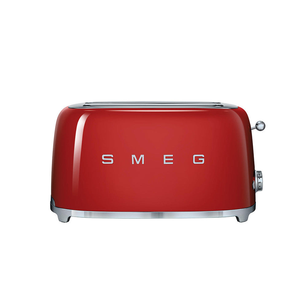 Front view of SMEG 4-slice toaster in red showing chrome base and logo on white background