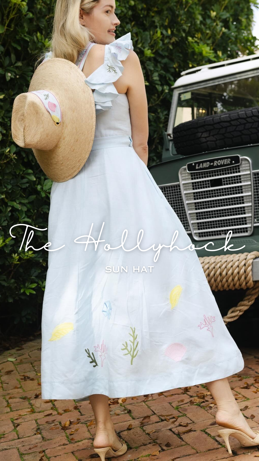 Hollyhock Sun Hat in Vintage Azure Garden Rose Long Ribbon