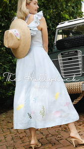 Hollyhock Sun Hat in Vintage Azure Garden Rose Long Ribbon