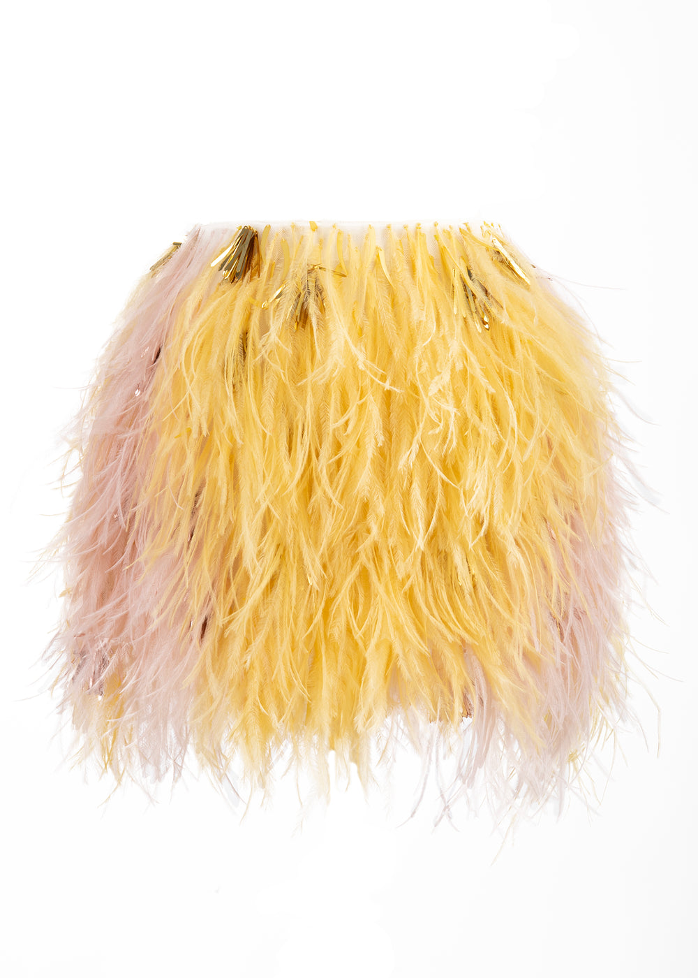 Front view of Japser mini skirt showing yellow feathers and gold metallic fringe on white background