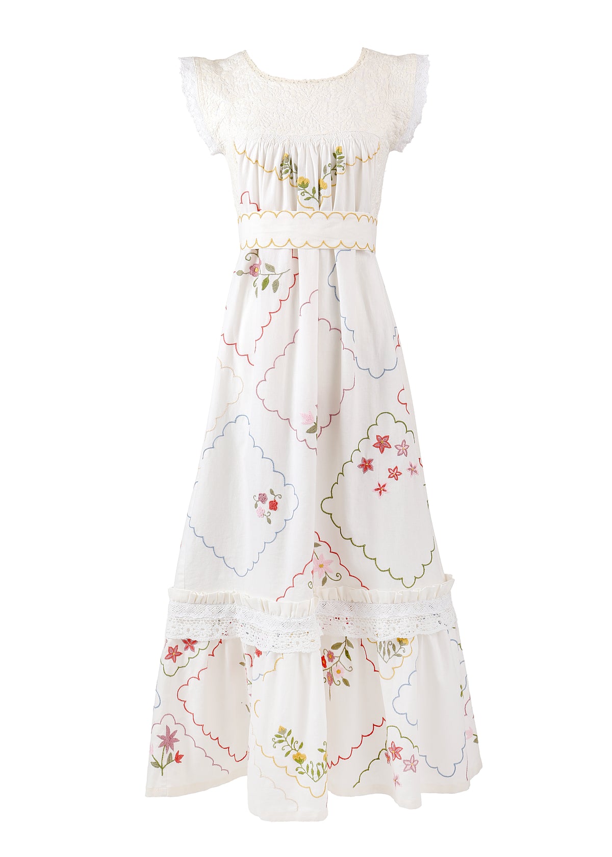 Close-up view of OTM Exclusive Lucia Long Dress showcasing hand embroidered floral designs and ruffle trim on white background