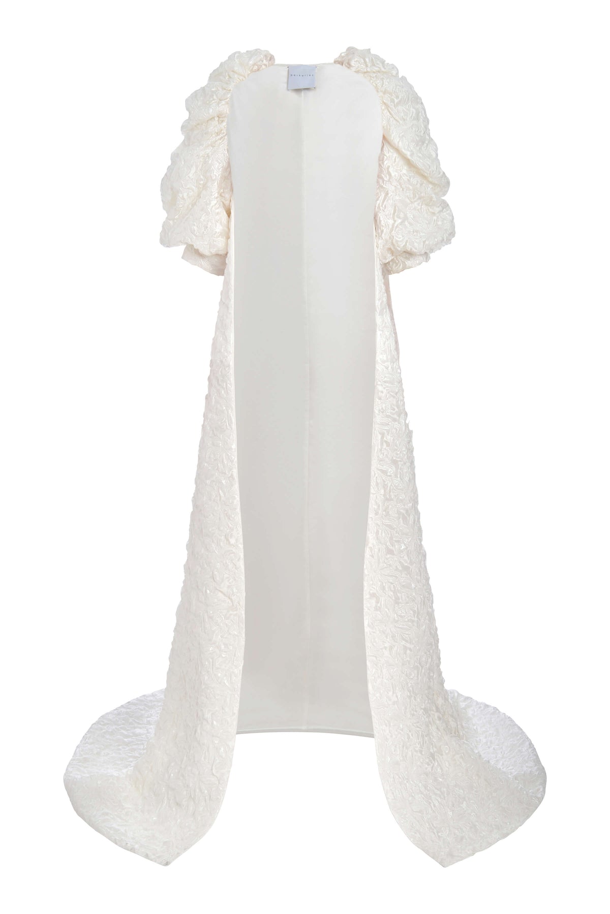 Front view of Adrianna Puff Sleeve Coat showcasing off-white floral jacquard puff sleeves and a lined train on white background