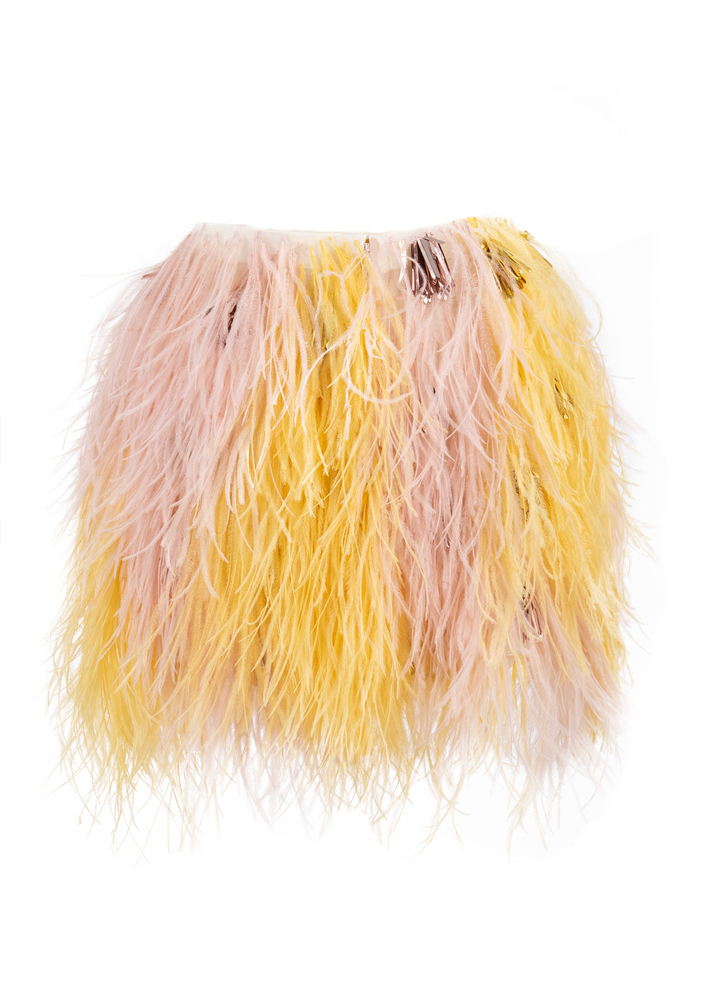 Front view of Japser mini skirt showcasing pink and yellow ostrich feathers and metallic fringe on white background