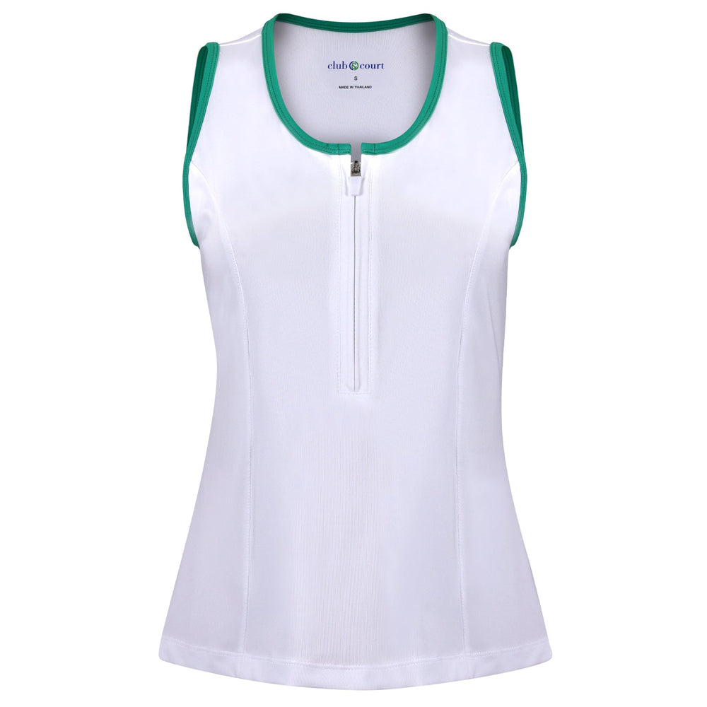 Front view of Performance Tank showing half-zip, princess seams and racerback with kelly green trim on white background