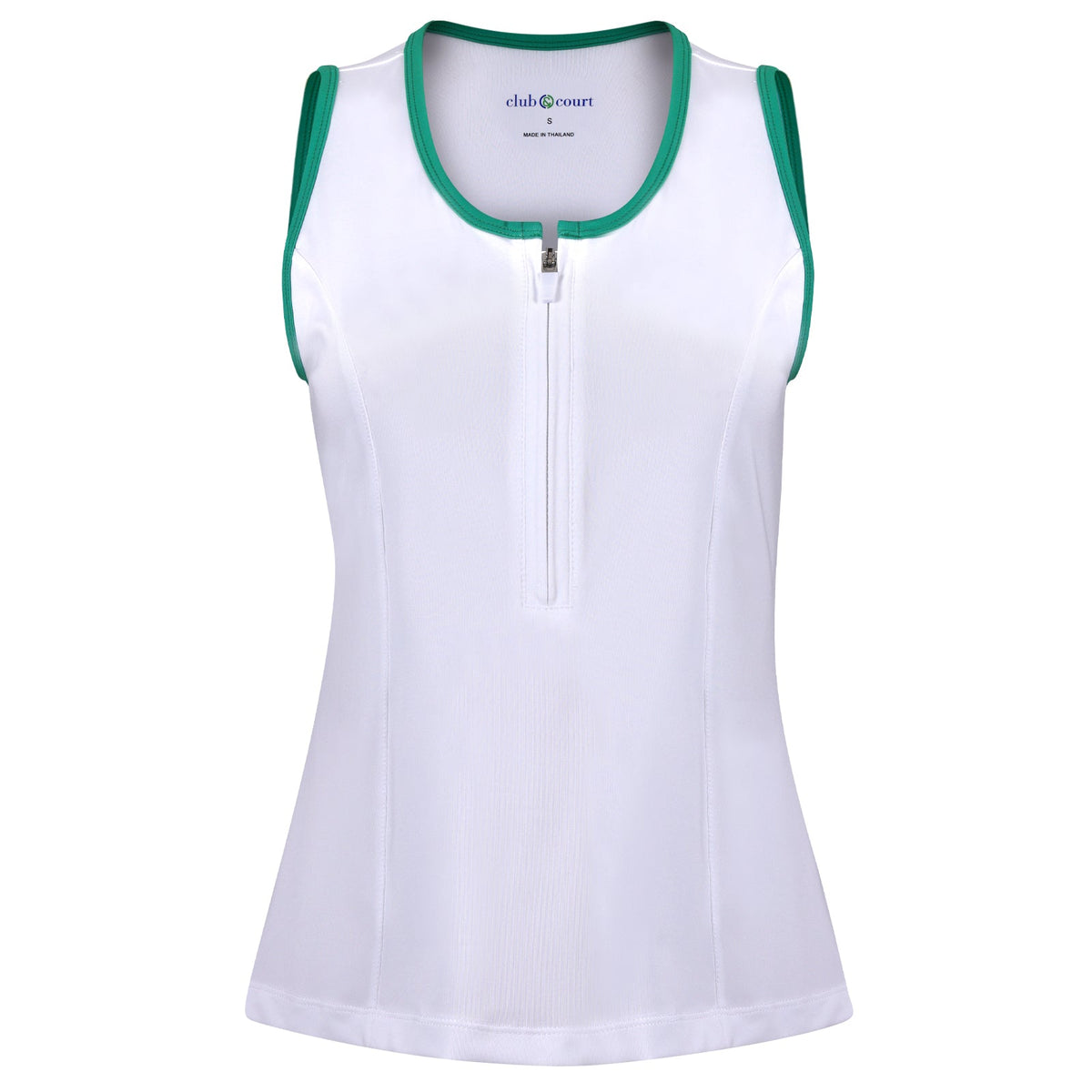 Front view of Performance Tank showing half-zip, princess seams and racerback with kelly green trim on white background