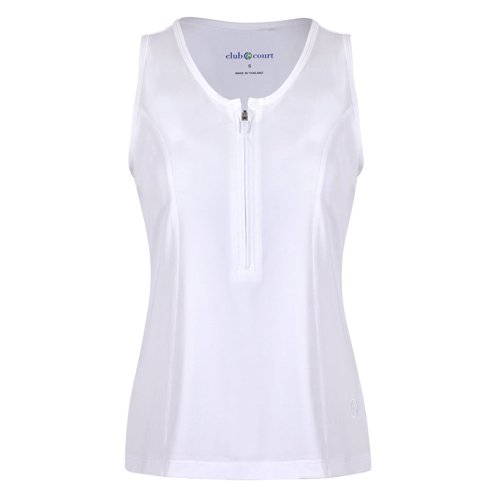 Front view of Club & Court Performance Tank showing half-zip, princess seams, and racerback in bright white on white background