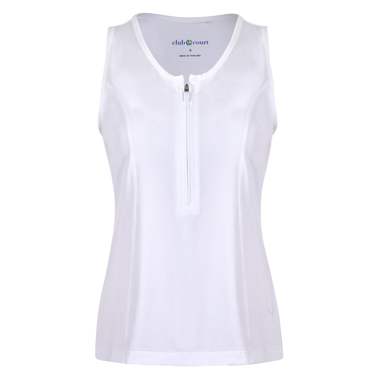 Front view of Club & Court Performance Tank showing half-zip, princess seams, and racerback in bright white on white background