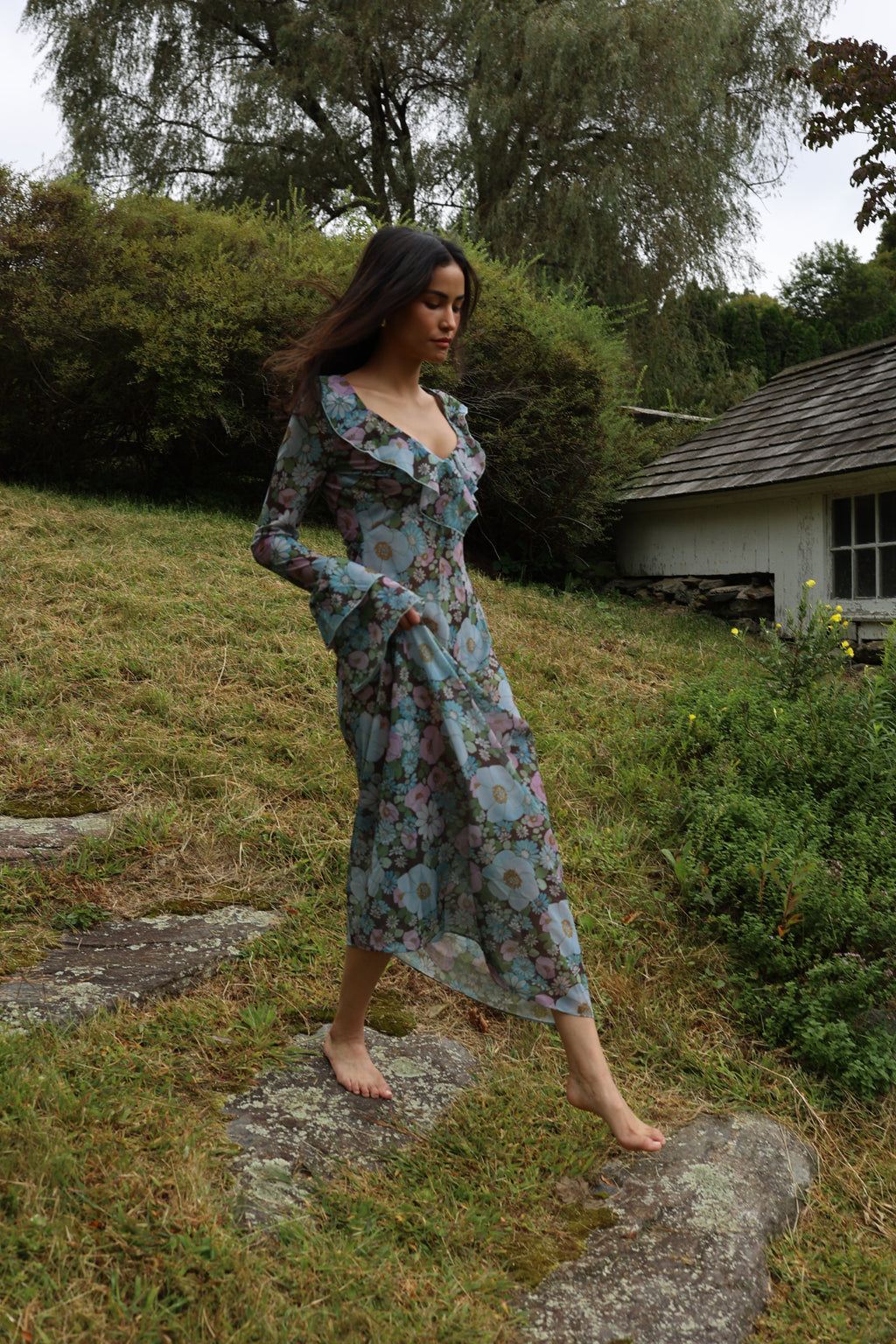 retro floral dress Yellow 1950s Boat Neck Antique Floral Dress